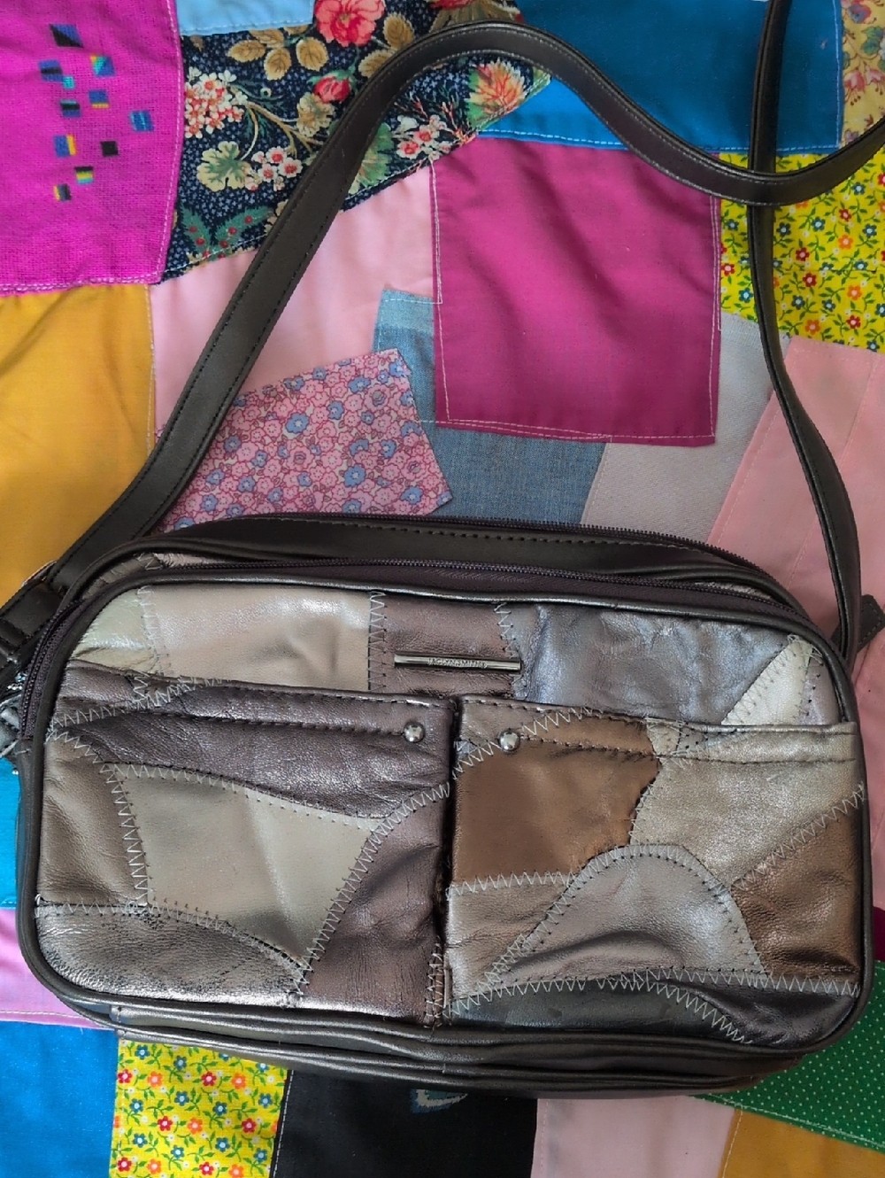 Y2K Vintage Jaclyn Smith Metallic Patchwork Crossbody Bag - Brown & Silver